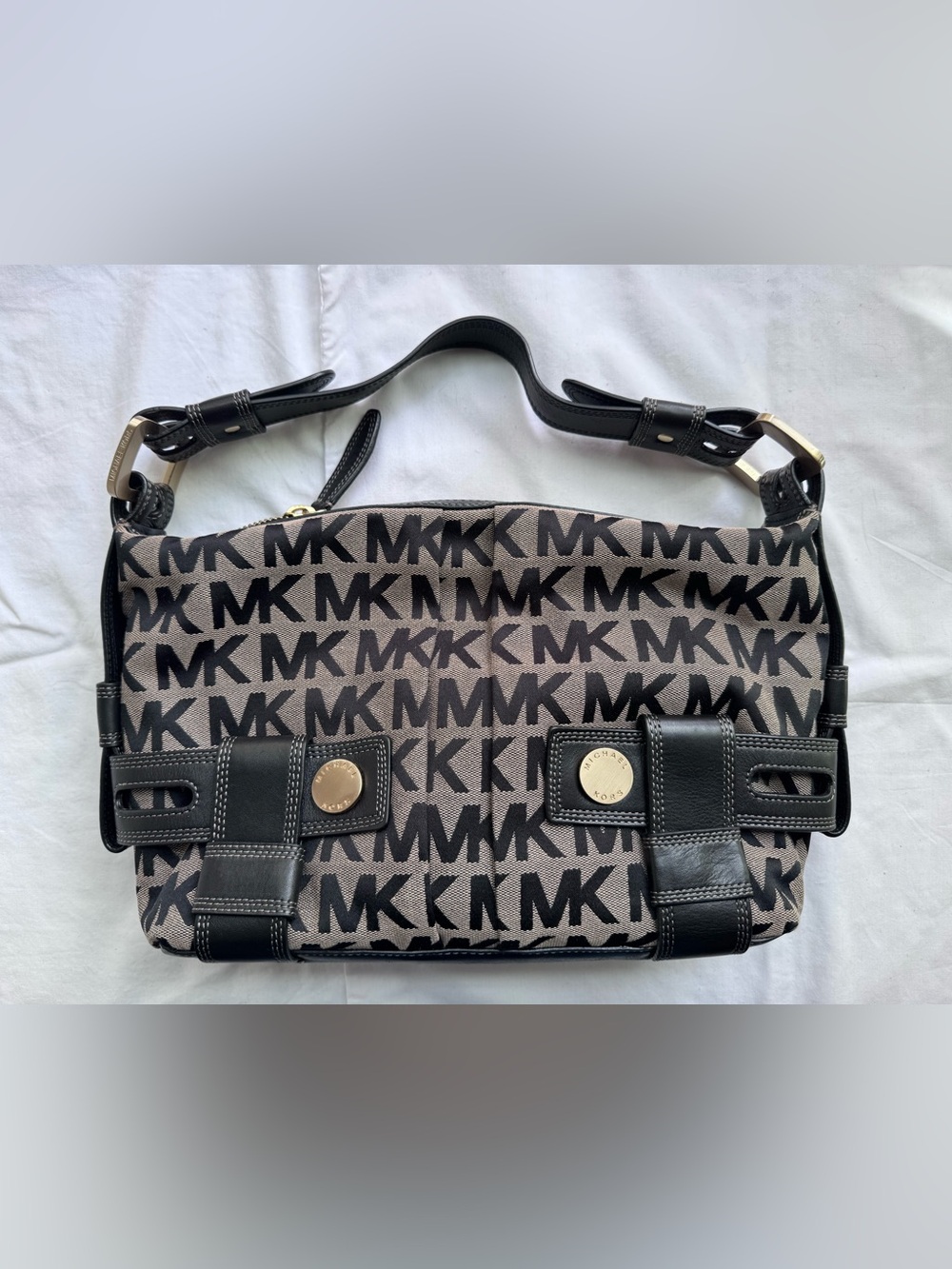 Michael Kors Black & Taupe MK Logo Satchel Bag